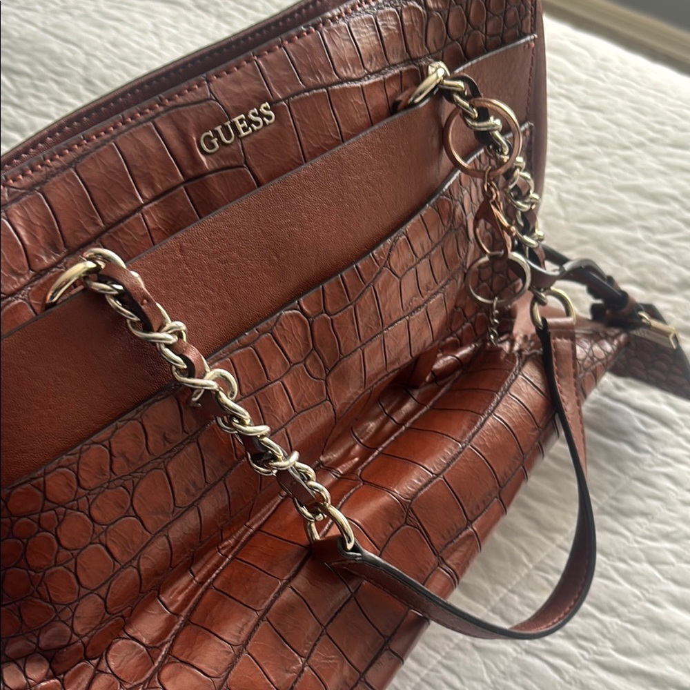 Guess Brown Croc-Embossed Shoulder Bag